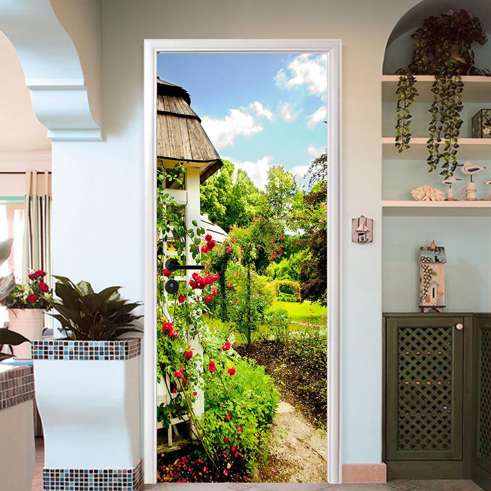 3D pavilion winding flower park door mural Wallpaper AJ Wallpaper 