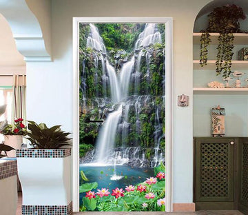 3D lotus waterfall door mural Wallpaper AJ Wallpaper 