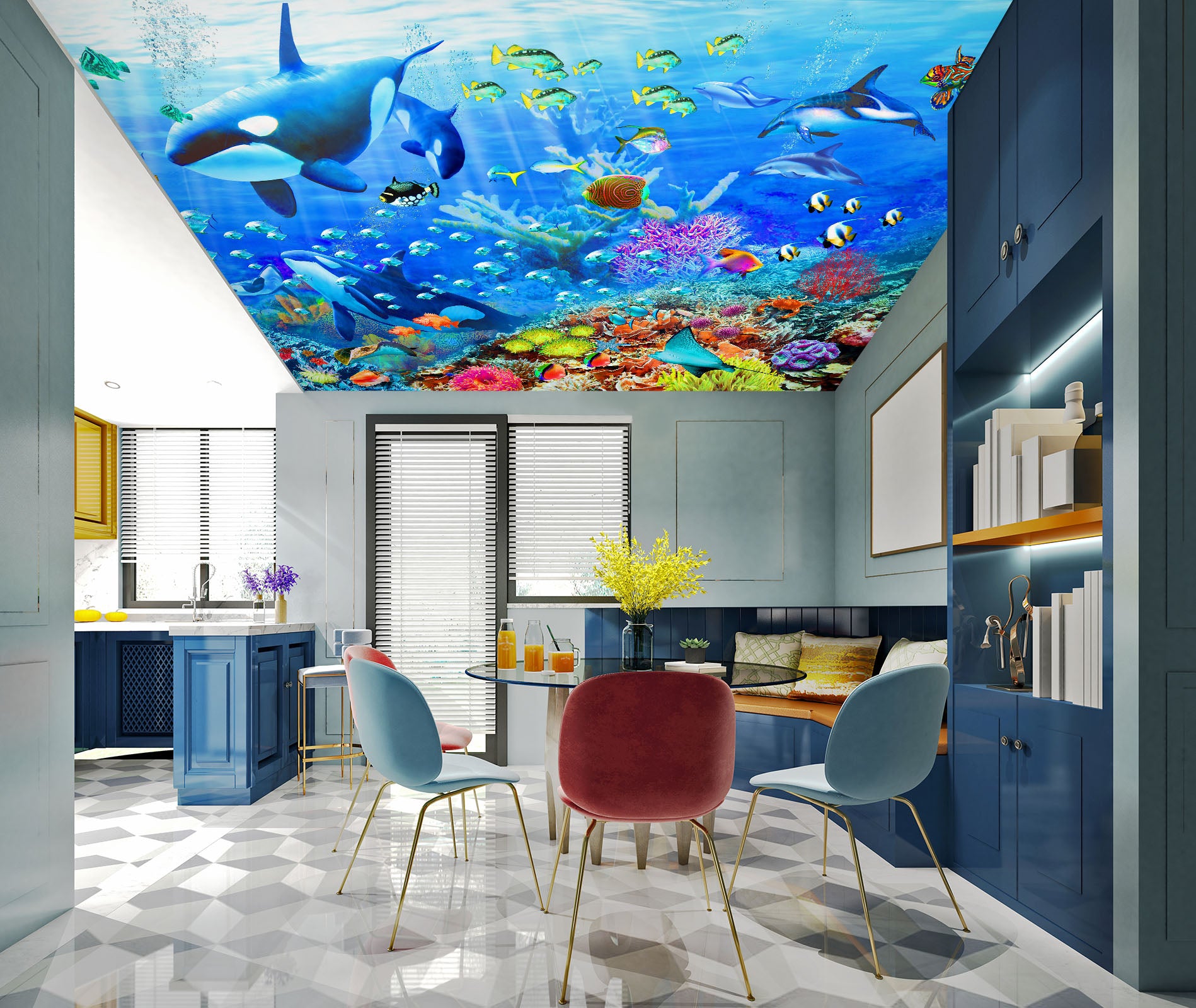 3D Blue Coral Fish 1004 Adrian Chesterman Ceiling Wallpaper Murals