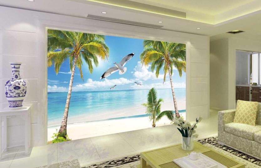 3D Ocean Beach Tree Crane Wallpaper AJ Wallpaper 1 