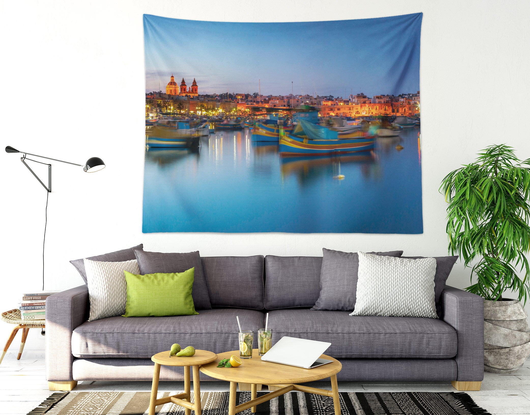 3D Night Riverside Vessel 112173 Assaf Frank Tapestry Hanging Cloth Hang