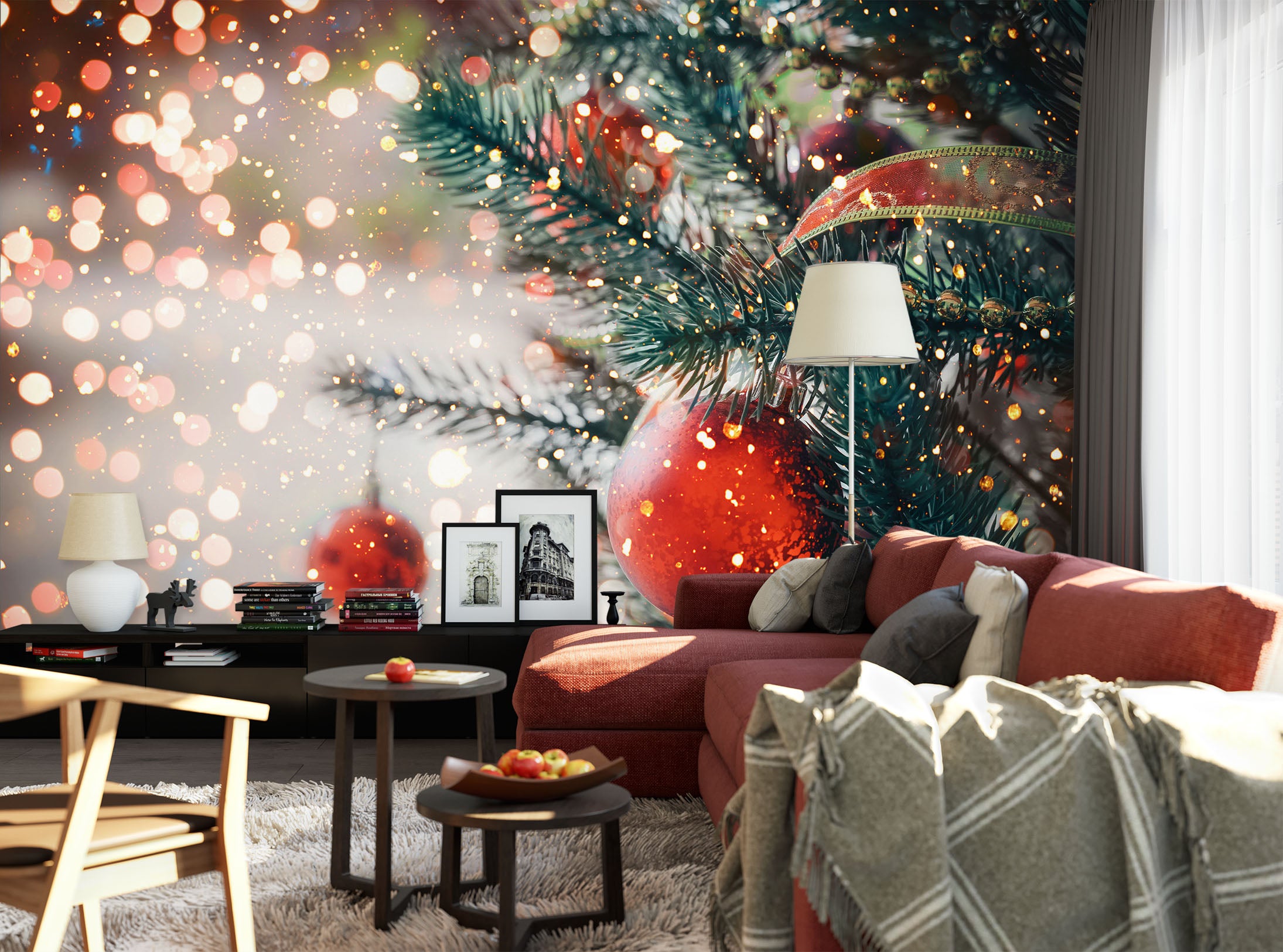 3D Red Ball Snow Branch 57100 Wall Murals