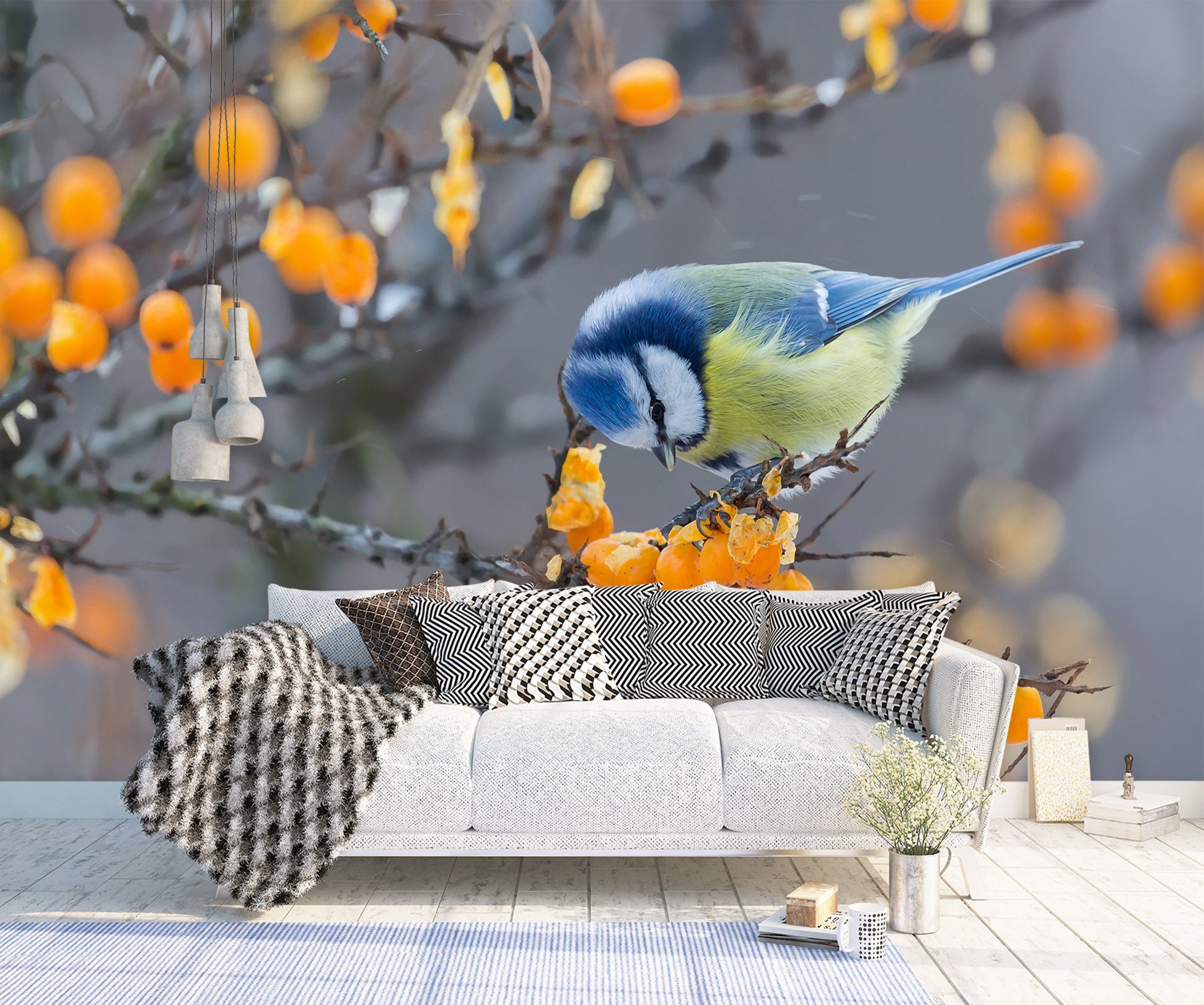 3D Blue Bird Flower Branch 57049 Wall Murals