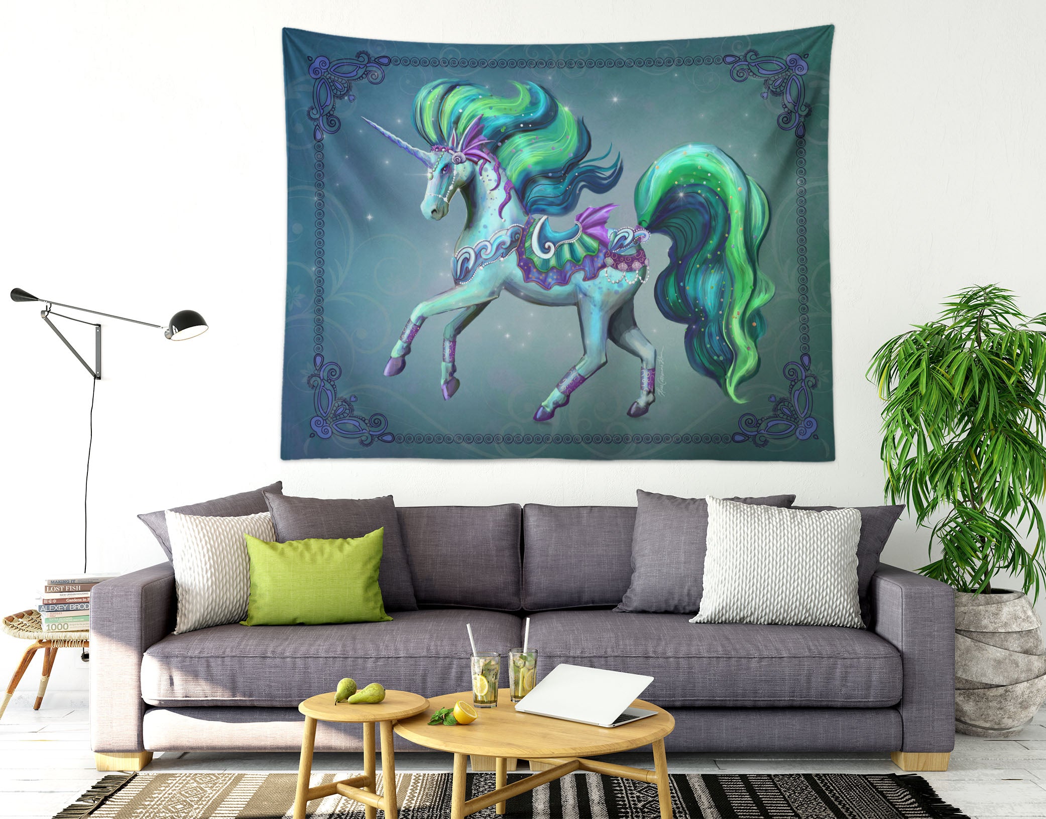 3D Green Unicorn 960 Rose Catherine Khan Tapestry Hanging Cloth Hang