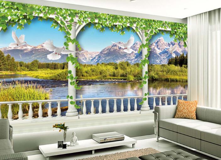 3D Oasis Mountain Fence Wallpaper AJ Wallpaper 1 
