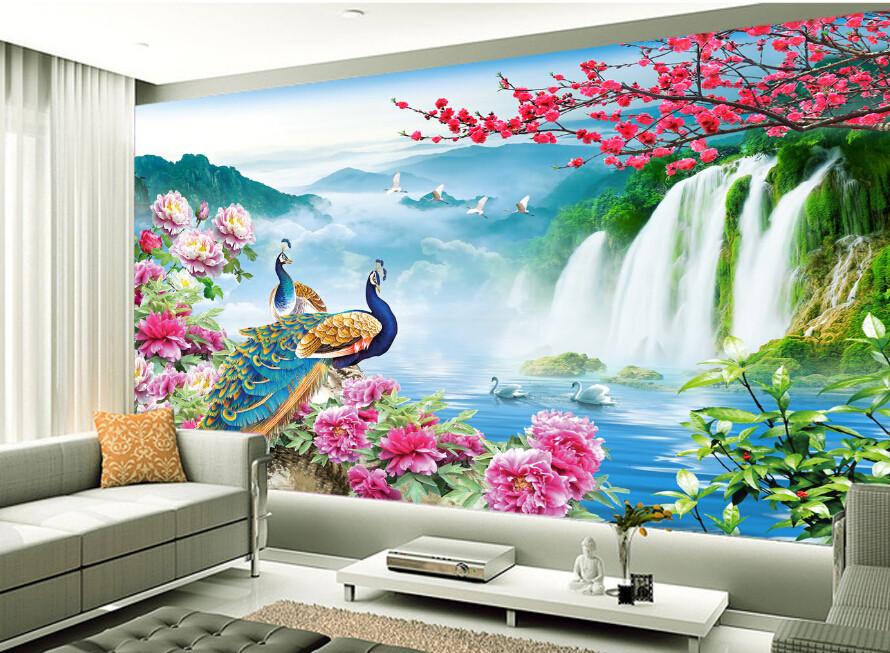 3D Beautiful Peacock And Waterfall 1 Wallpaper AJ Wallpaper 1 