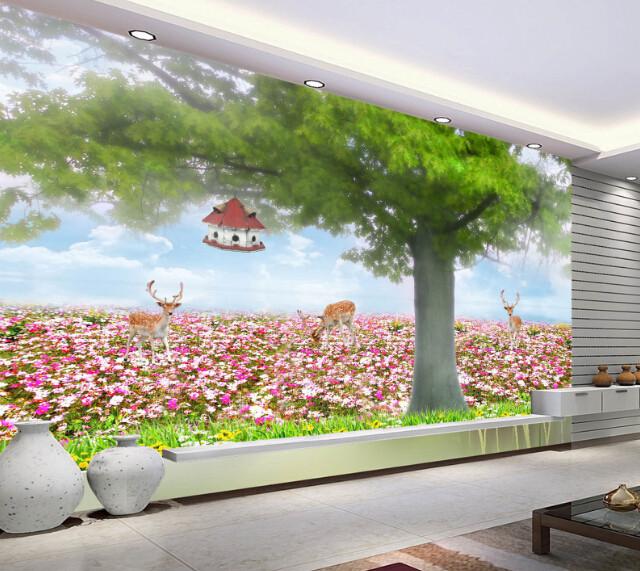 3D Colorful Flowers And Deer Wallpaper AJ Wallpaper 1 
