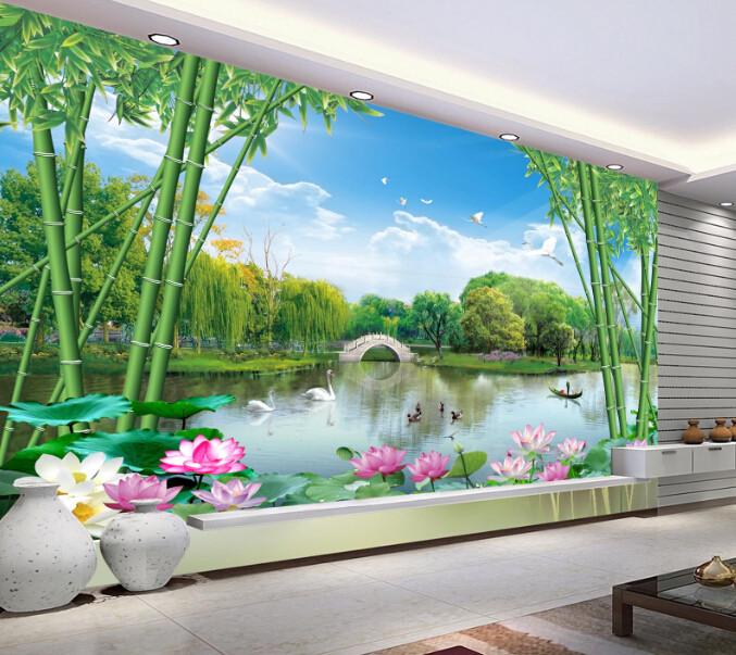 3D Bamboo River Lotus Wallpaper AJ Wallpaper 1 