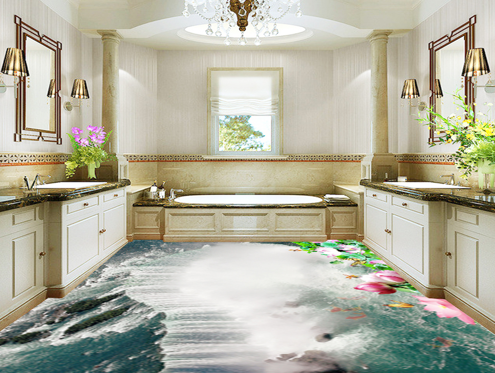3D Lotus Waterfall 580 Floor Mural  Wallpaper Murals Rug & Mat Print Epoxy waterproof bath floor