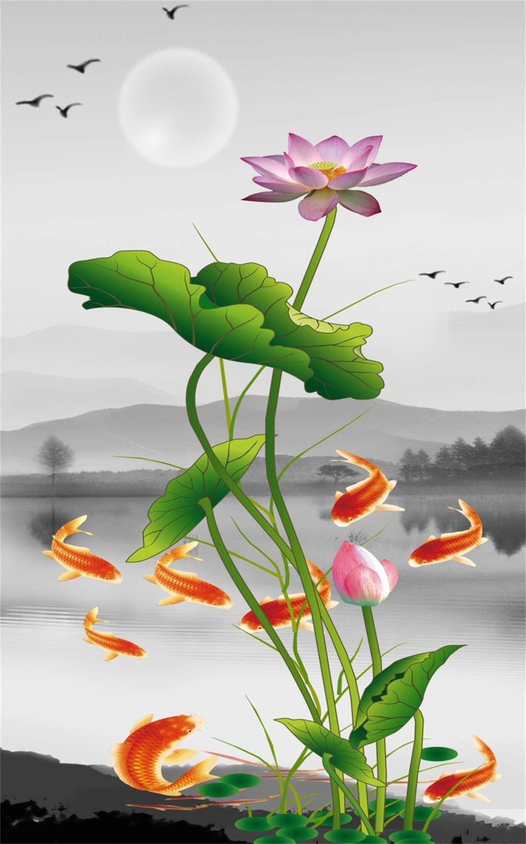 3D Lake Lotus Flowers And Fishes 112 Stair Risers Wallpaper AJ Wallpaper 