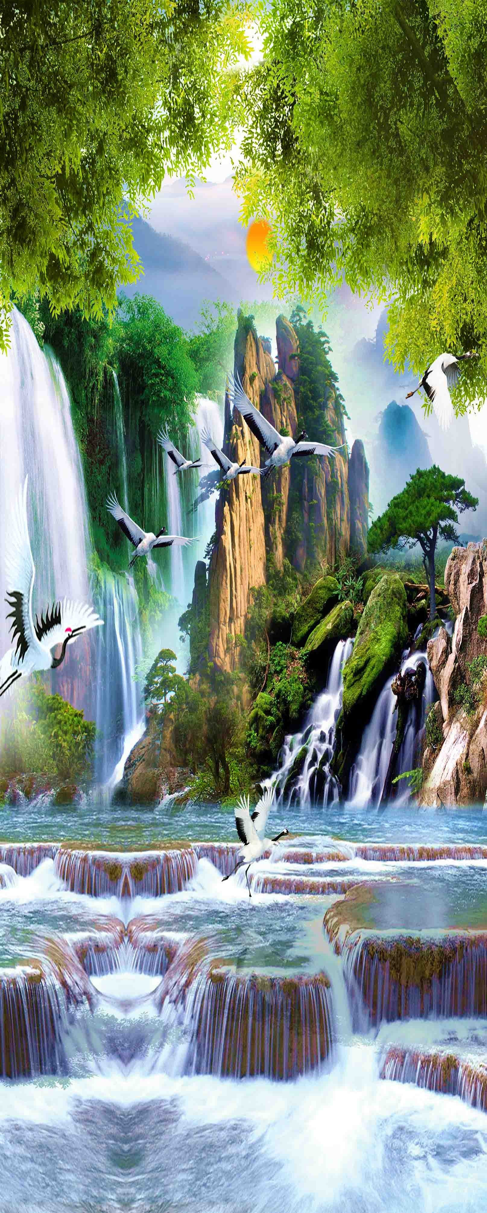 3D Waterfalls Cranes 406 Stair Risers Wallpaper AJ Wallpaper 