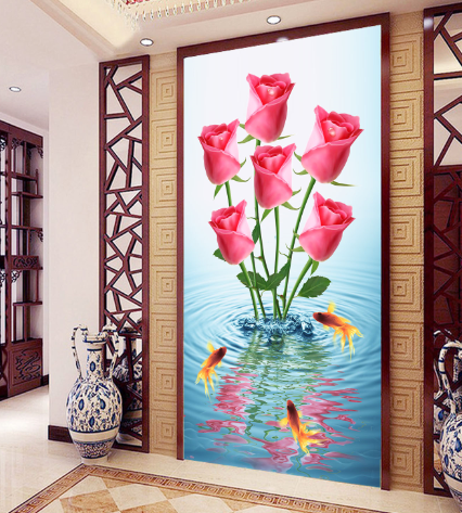 3D Goldfish Reflection Ripple Rose Porch Wallpaper AJ Wallpaper 1 