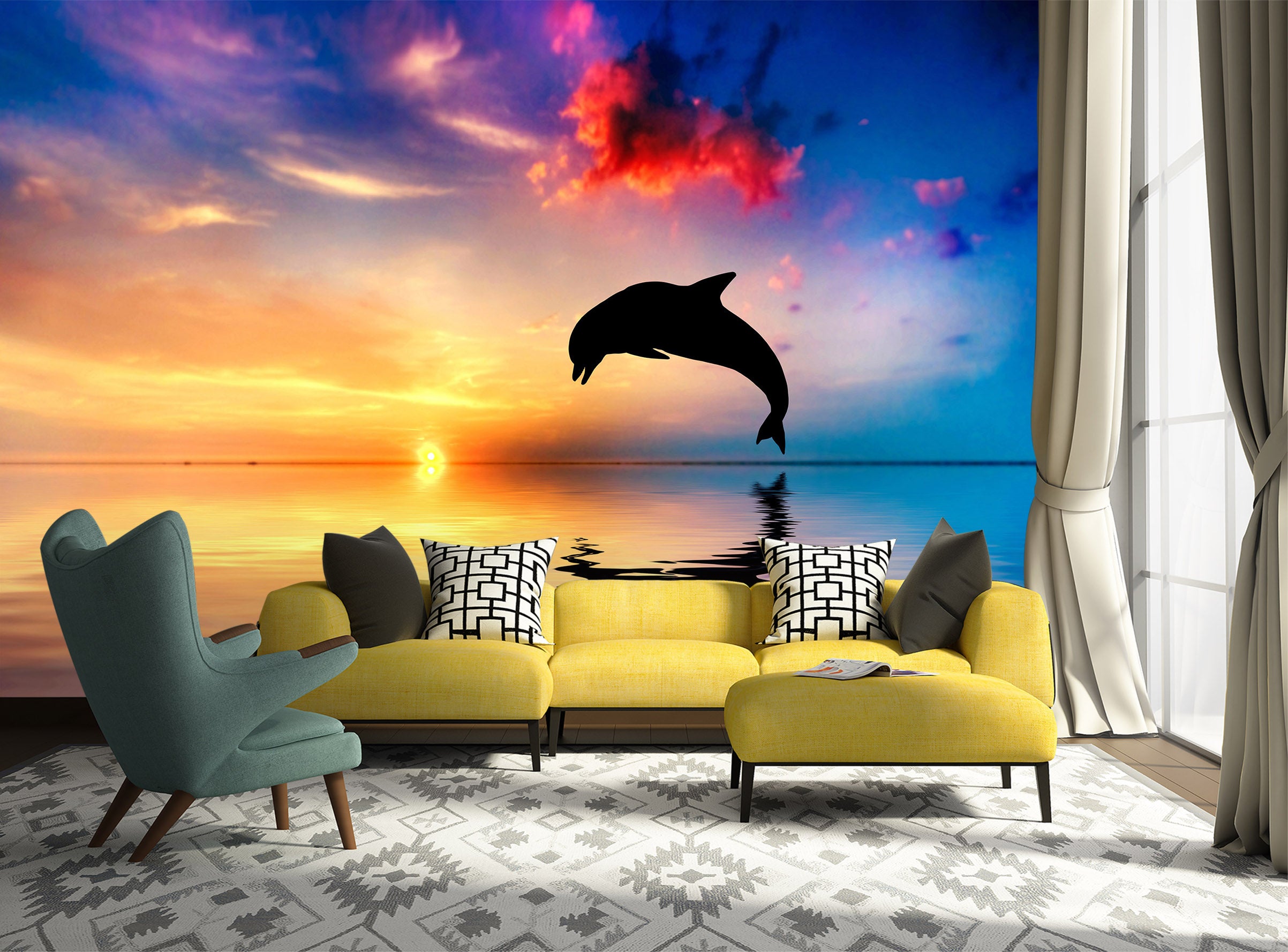3D Sunset Dolphin 1025 Wall Murals