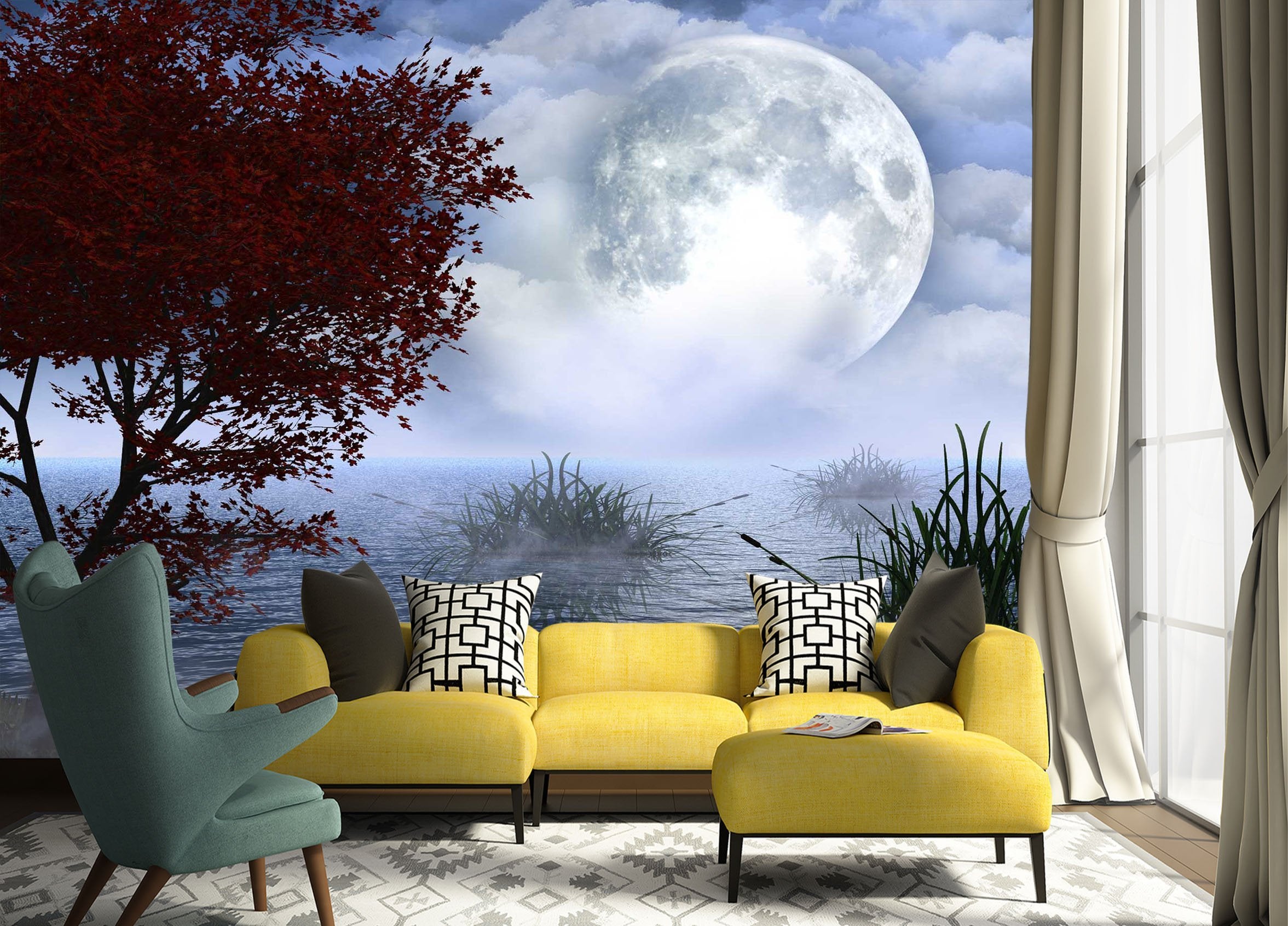 3D Moon Lake Tree 705 Wallpaper AJ Wallpaper 