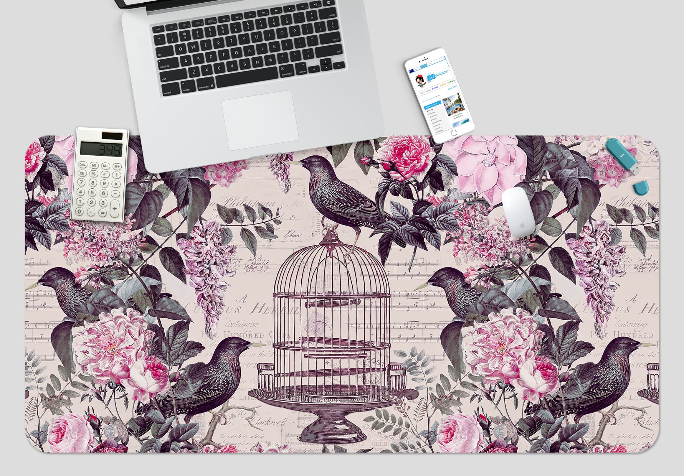 3D Pink Flower Bird 984 Andrea Haase Desk Mat