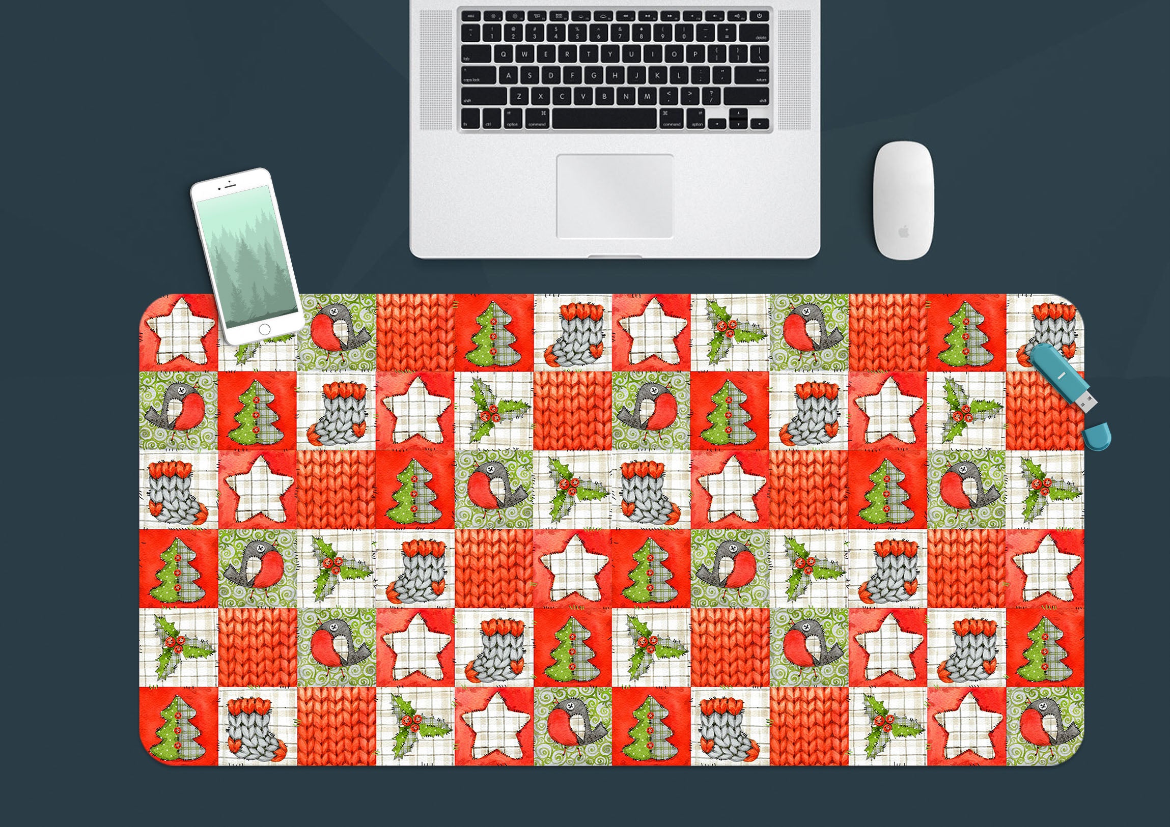 3D Sock Tree Checkered Pattern 53185 Christmas Desk Mat Xmas