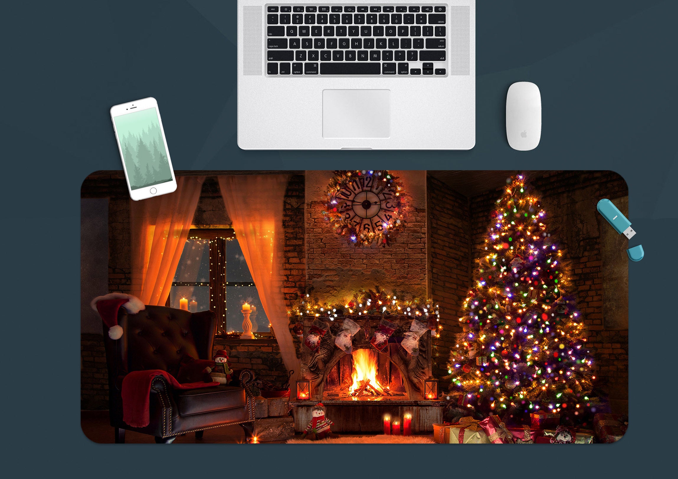 3D Window Fireplace Tree 53248 Christmas Desk Mat Xmas