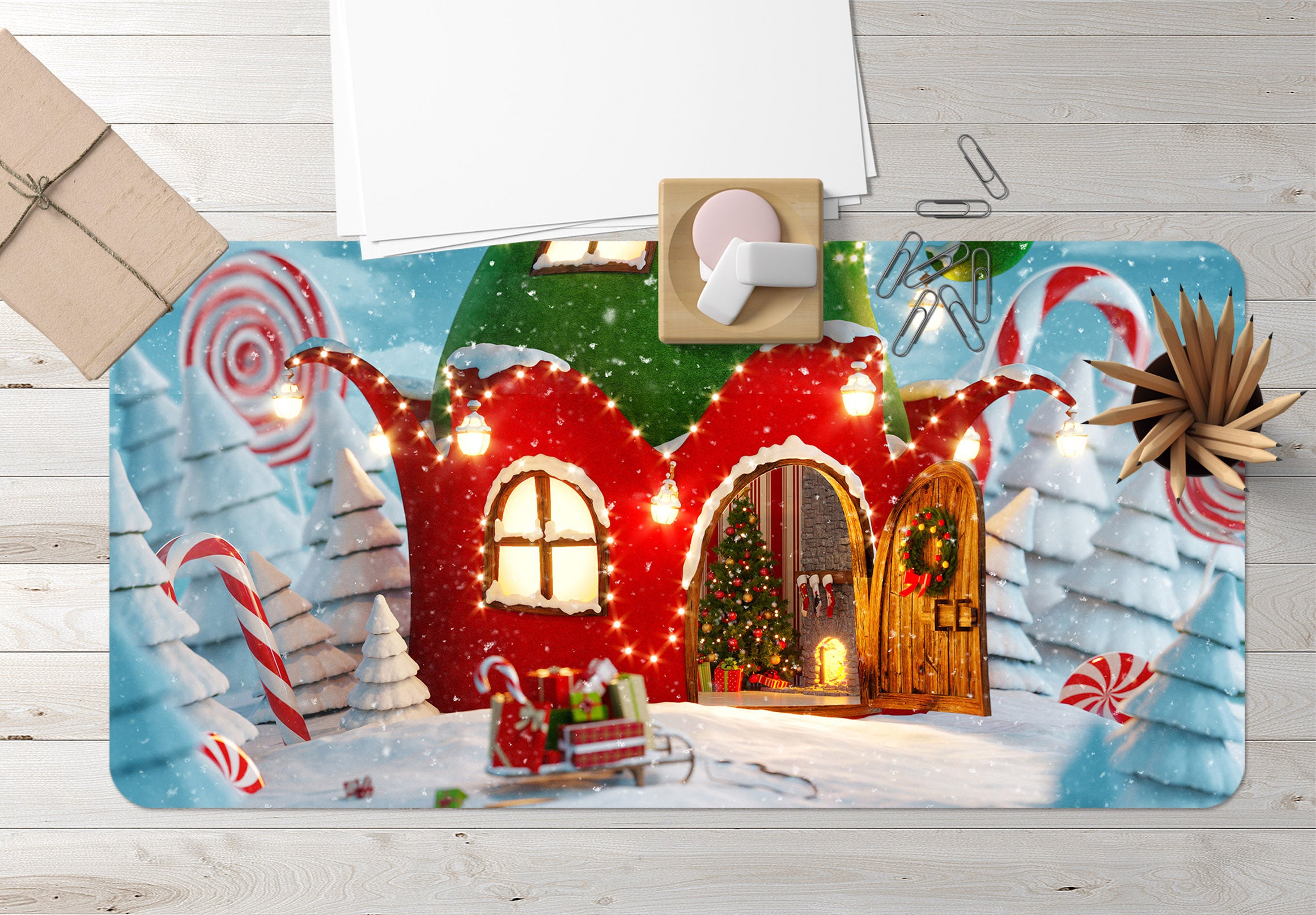 3D Red Green Cabin 53202 Christmas Desk Mat Xmas
