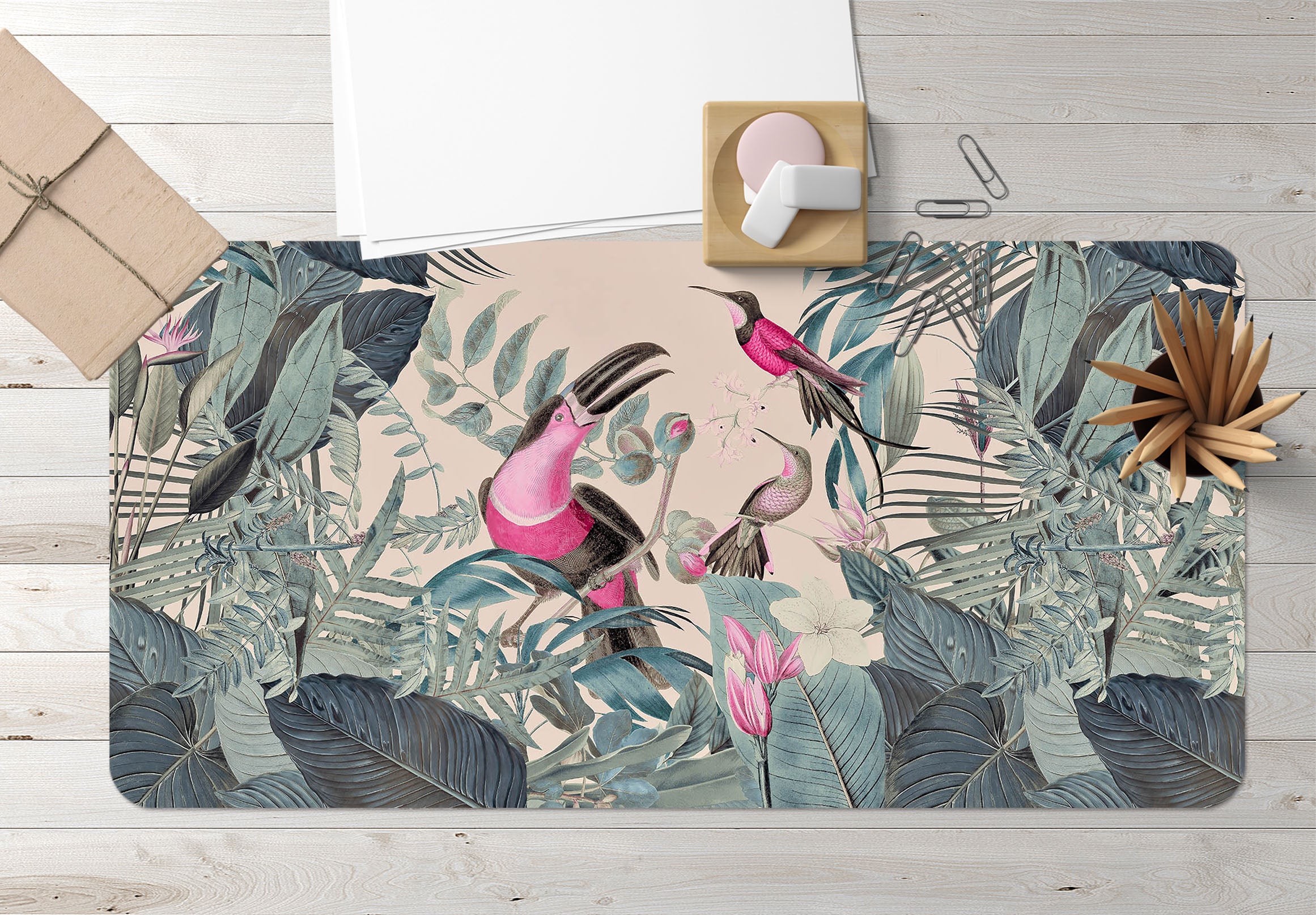 3D Pink Bird Leaves 988 Andrea Haase Desk Mat