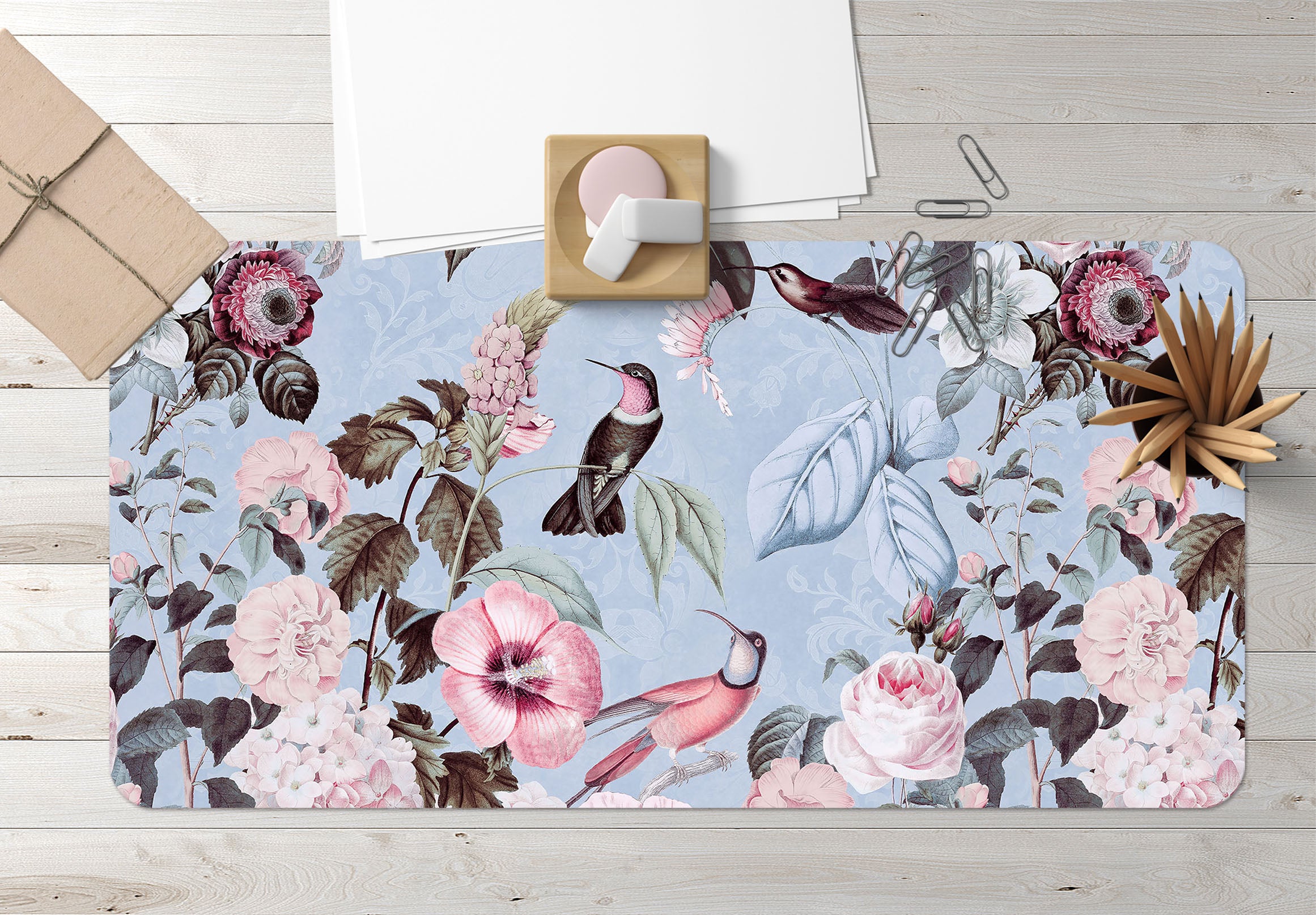 3D Blue Leaves Bird 5222 Andrea Haase Desk Mat