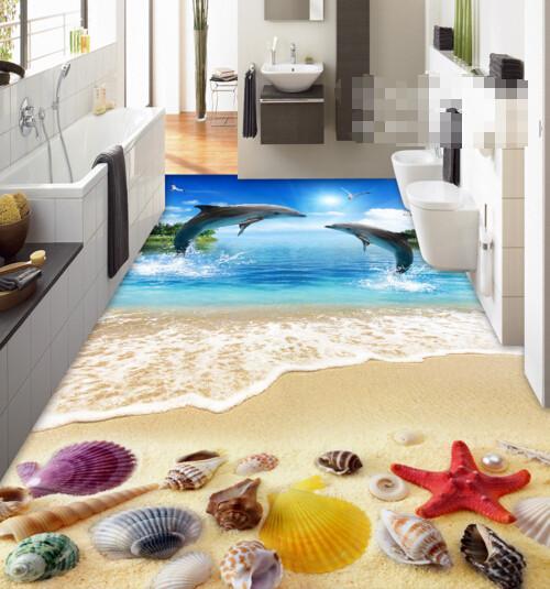 3D Beach Flying Dolphins Floor Mural Wallpaper AJ Wallpaper 2 