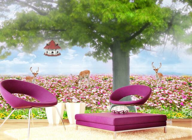3D Colorful Flowers And Deer Wallpaper AJ Wallpaper 1 