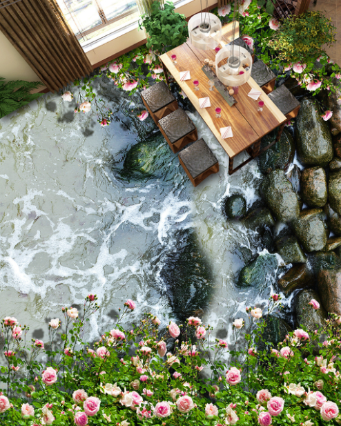 3D Flowers By The River 215 Floor Mural  Self-Adhesive Sticker Bathroom Non-slip Waterproof Flooring Murals