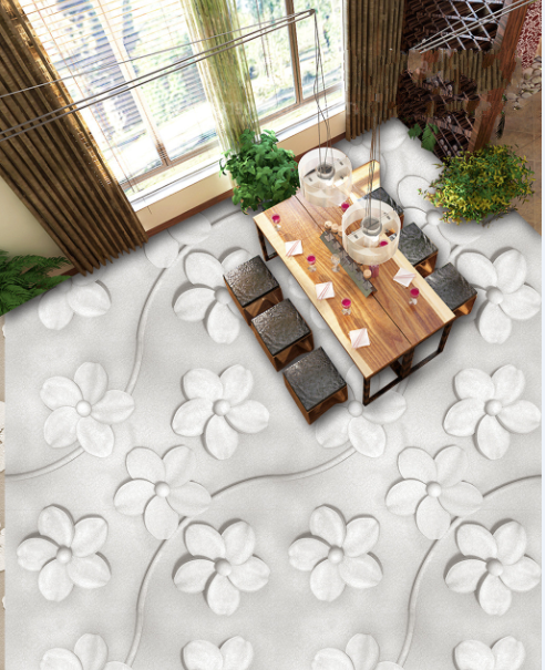 3D White Velvet Fower 189 Floor Mural  Self-Adhesive Sticker Bathroom Non-slip Waterproof Flooring Murals