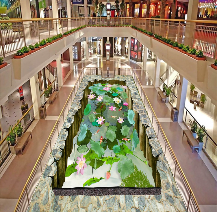 3D Hole Lotus Pond Floor Mural Wallpaper AJ Wallpaper 2 
