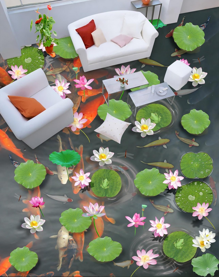 3D Lively Lotus Pond Floor Mural Wallpaper AJ Wallpaper 2 