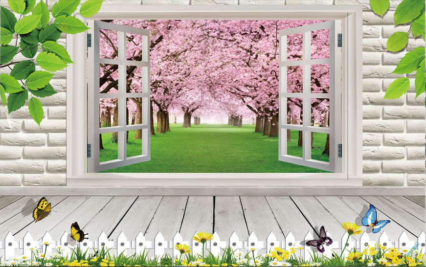 Window Pink Trees Wallpaper AJ Wallpaper 