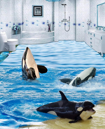 3D Happy Whale 052 Floor Mural  Self-Adhesive Sticker Bathroom Non-slip Waterproof Flooring Murals
