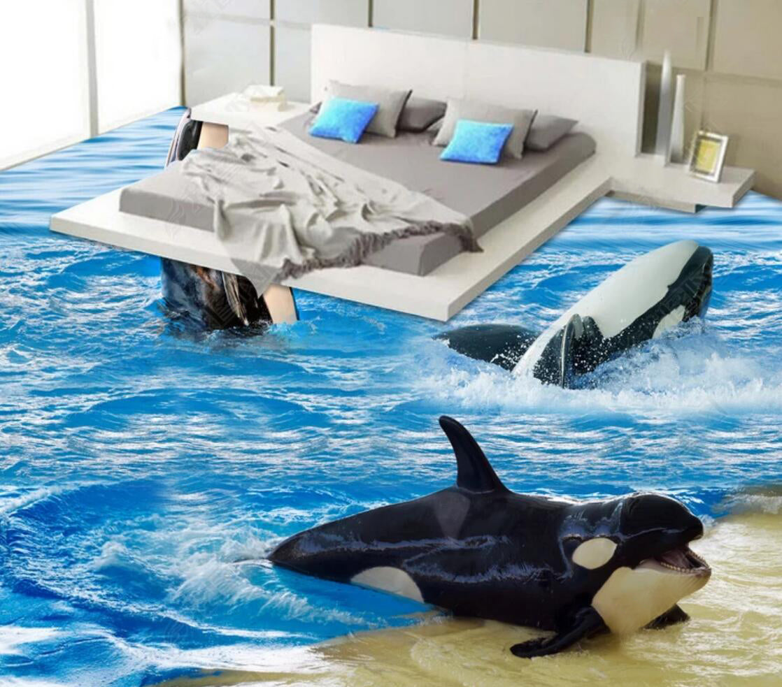 3D Happy Whale 052 Floor Mural  Self-Adhesive Sticker Bathroom Non-slip Waterproof Flooring Murals