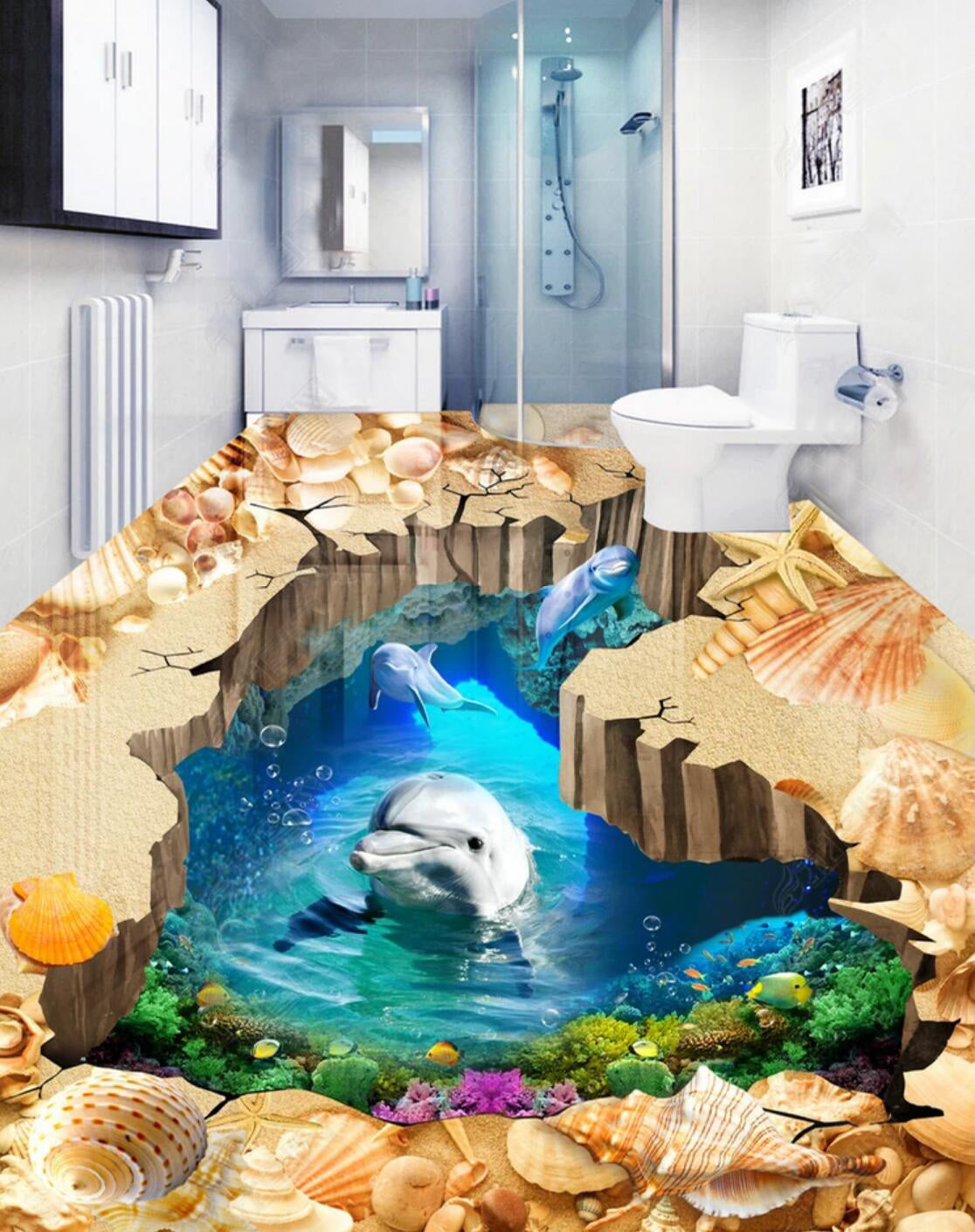 3D Free Dolphin 054 Floor Mural  Self-Adhesive Sticker Bathroom Non-slip Waterproof Flooring Murals