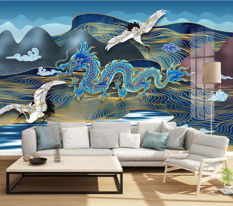 3D Green Dragon Crane WC2683 Wall Murals