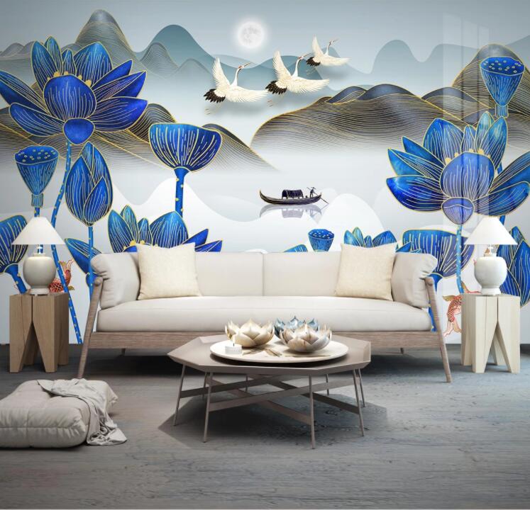 3D Lotus Flying Crane WC2480 Wall Murals