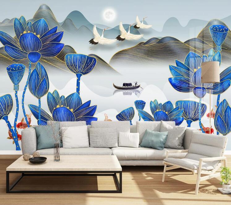 3D Lotus Flying Crane WC2480 Wall Murals