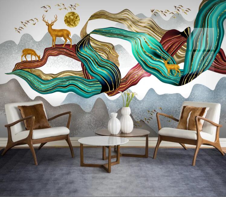 3D Golden Bird Fawn WC2468 Wall Murals