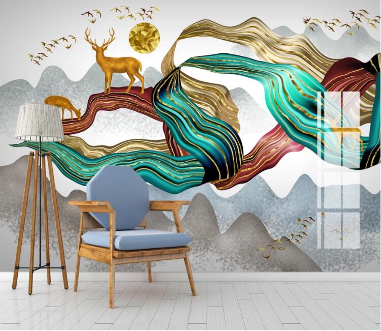 3D Golden Bird Fawn WC2468 Wall Murals