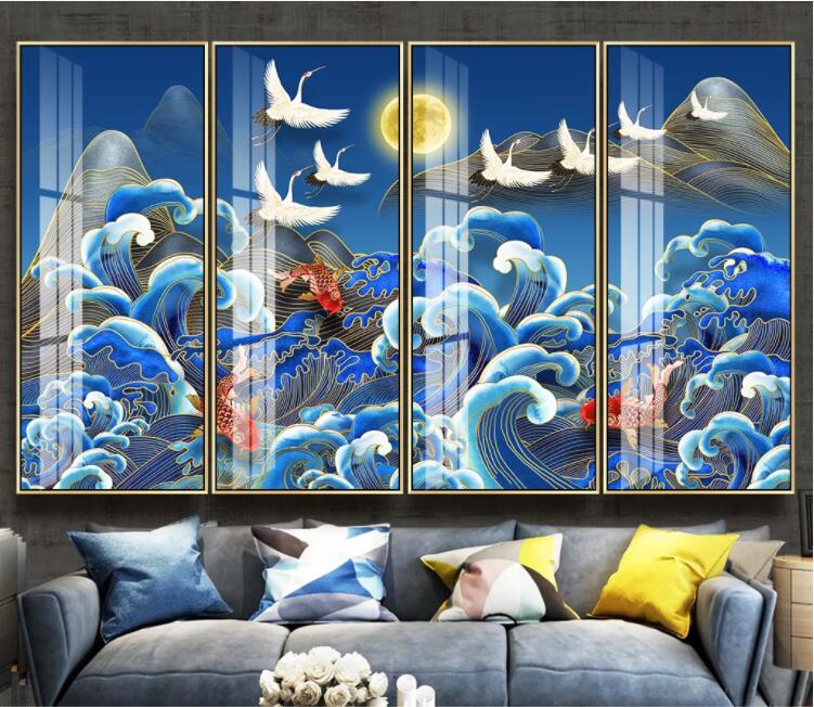 3D Moon Crane Goldfish WC2386 Wall Murals