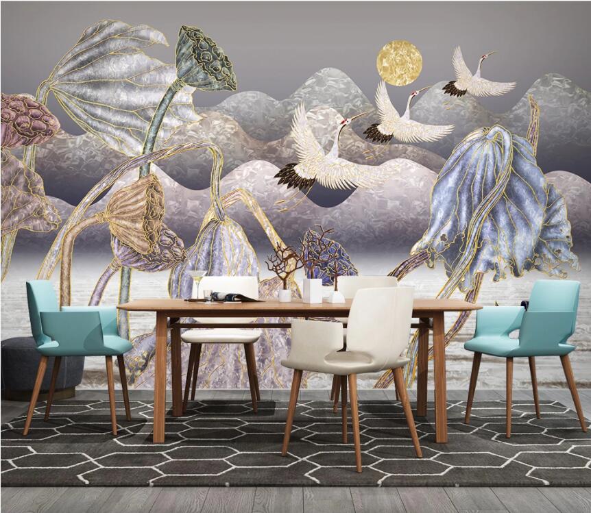 3D Lotus Crane WC2684 Wall Murals
