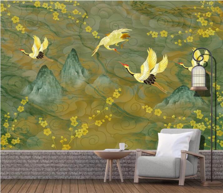 3D Yellow Flower Crane WC2719 Wall Murals