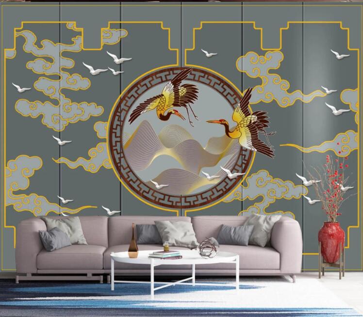 3D Golden Crane Dove WC2687 Wall Murals