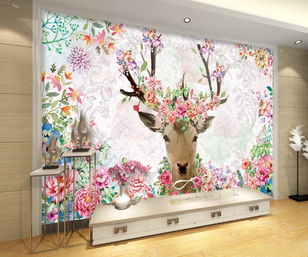 3D Peony Deer WC175 Wall Murals