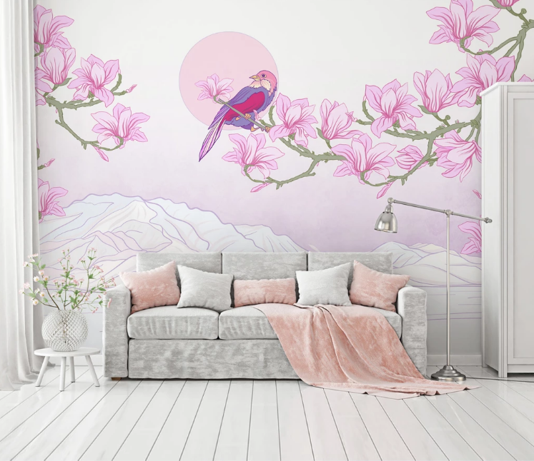 3D Pink Flower Bird WC1863 Wall Murals