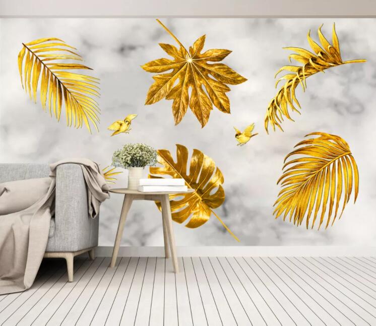 3D Golden Bird Leaf WC2321 Wall Murals