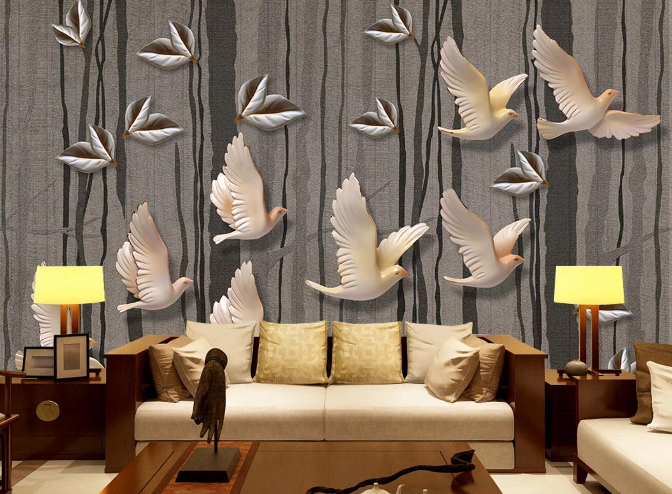 3D Pigeon Leaves WC400 Wall Murals
