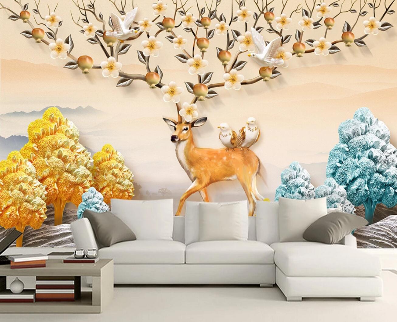 3D Golden Deer Bird WC430 Wall Murals