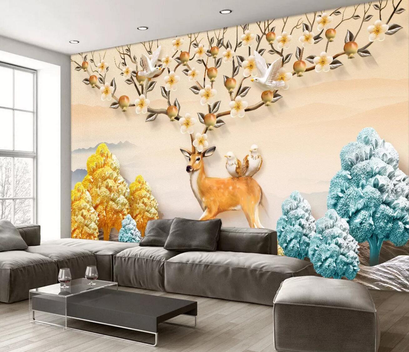 3D Golden Deer Bird WC430 Wall Murals