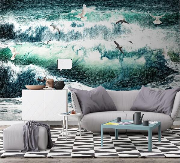 3D Sea Wave Seagull WC1413 Wall Murals